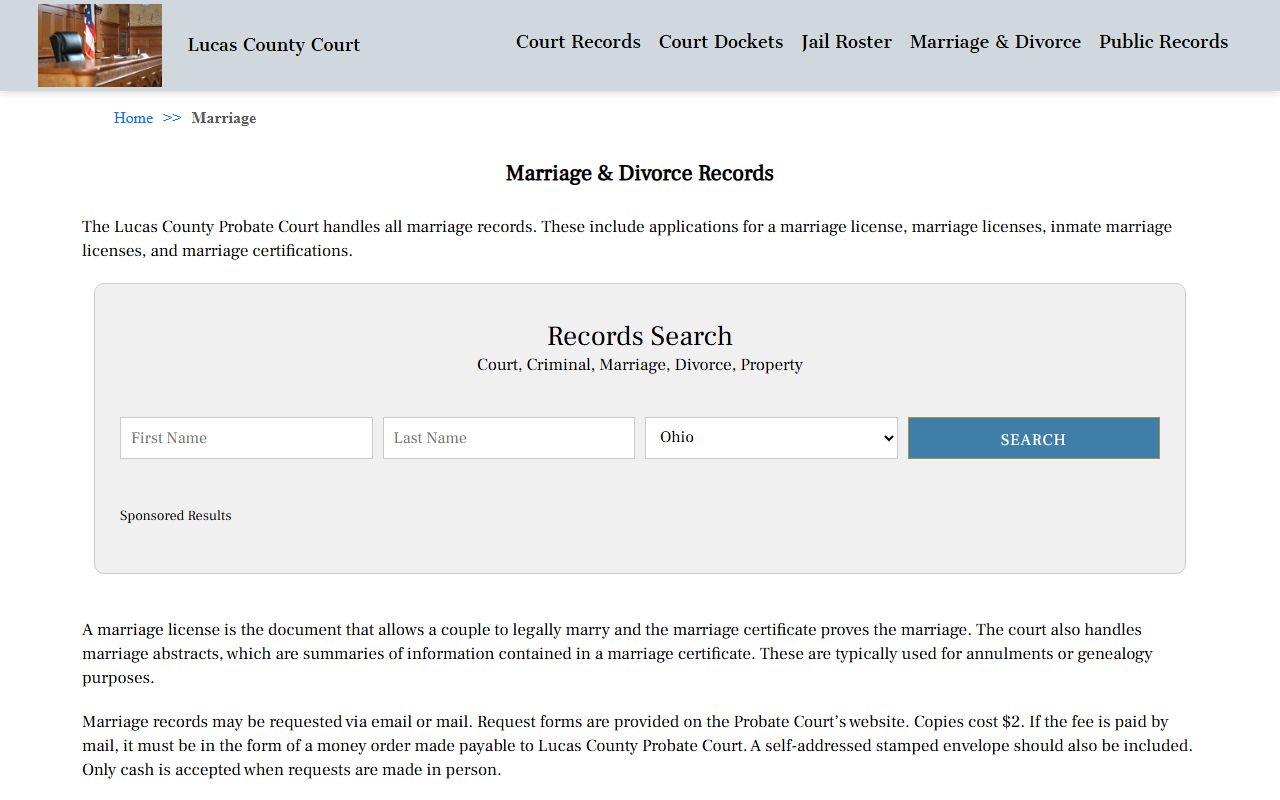 Lucas County Ohio marriage and dissolution of marriage records information